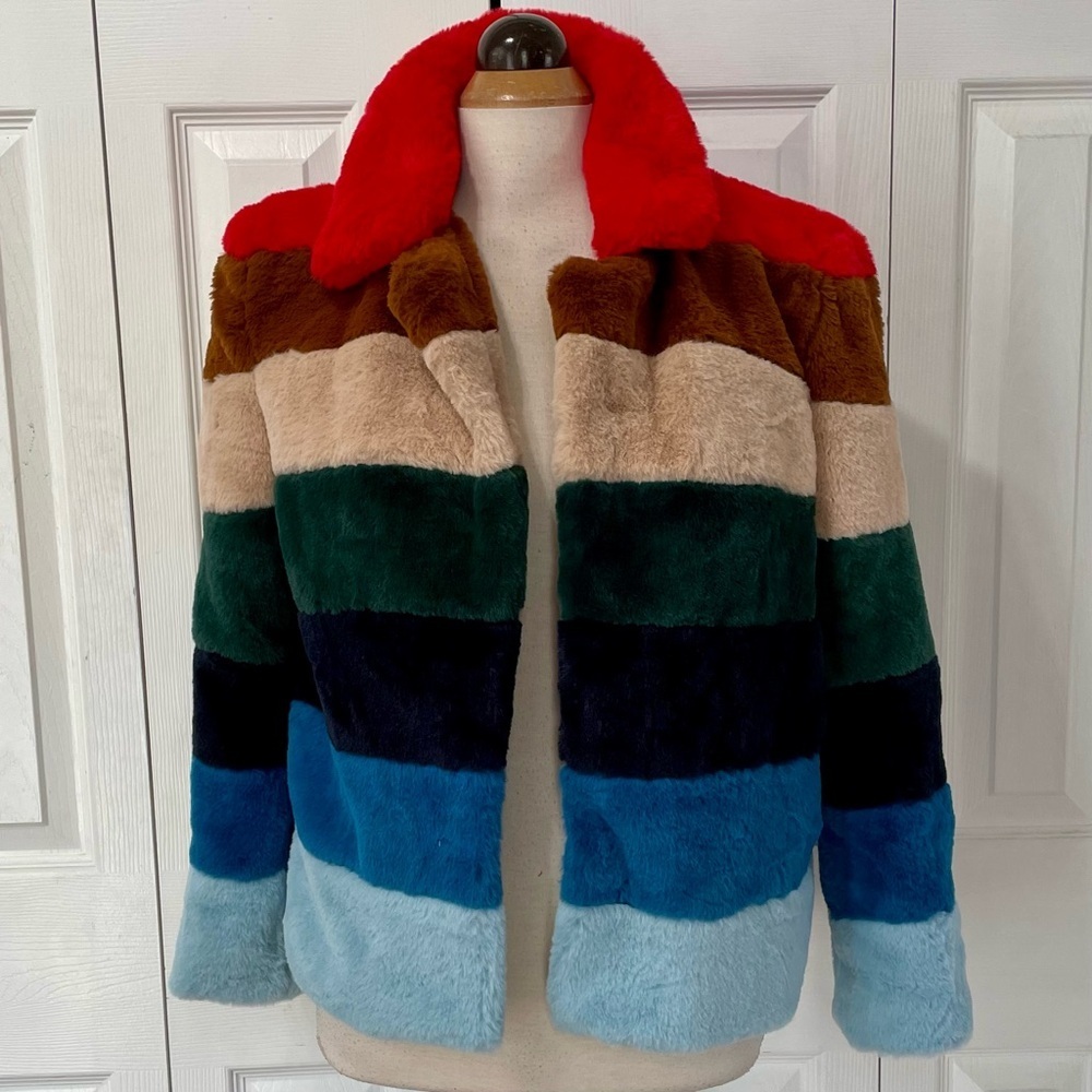 Blank NYC Multicolor Striped Faux Fur Jacket - Red Collar